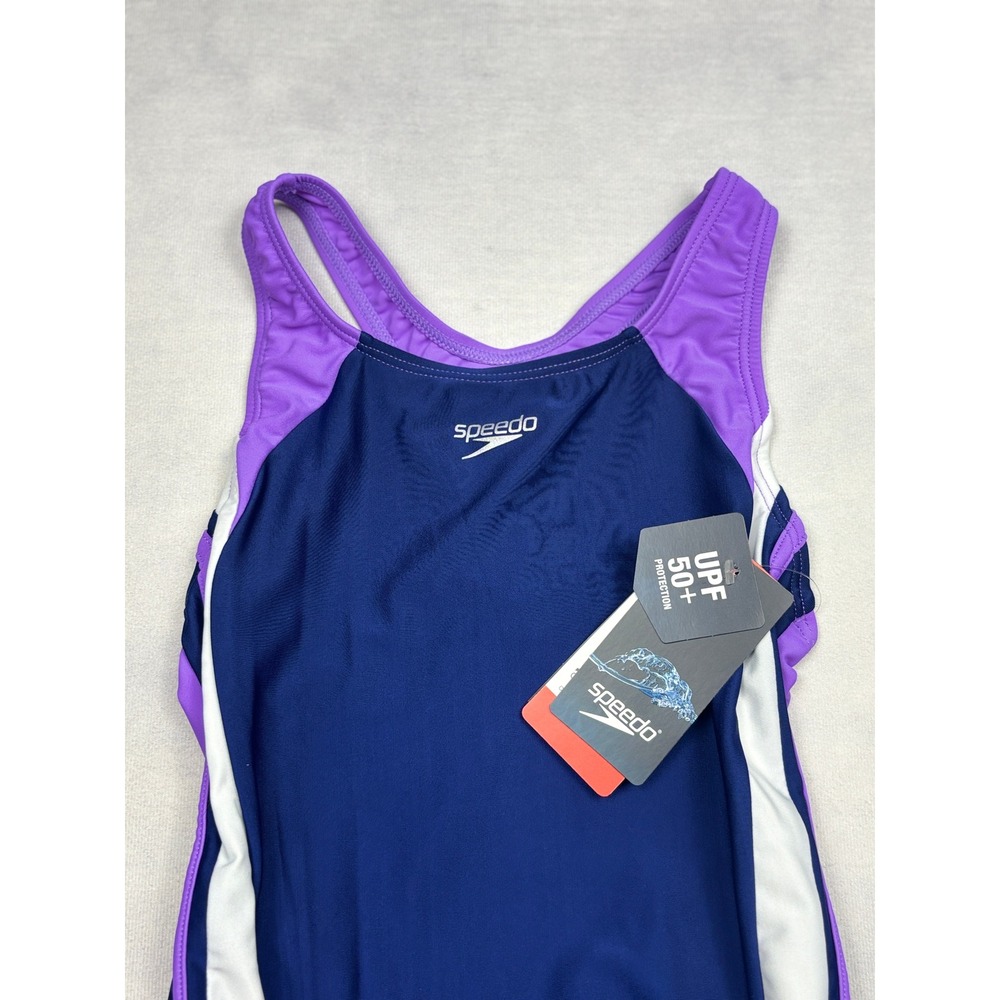 Speedo Girls One Piece Swimsuit Navy Purple White Racerback UPF 50+ Size 12